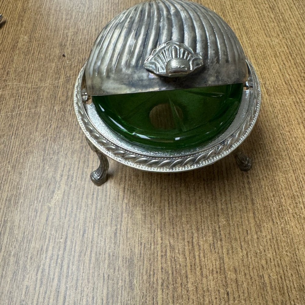 Vintage Silver plated and Green Butter Dish
